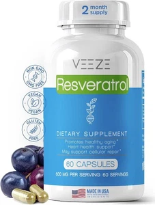 Resveratrol Supplement 600mg 60 Capsules & 60 Servings - Made in USA Natural & - Picture 1 of 10