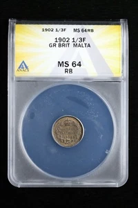 1902 1/3 Farthing Great Britain Malta ANACS MS 64 RB | 1/3F Uncirculated UNC BU - Picture 1 of 2