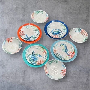 Melamine Sea Life 12pc Dinnerware Set Turtle Crab Starfish Seahorse Plates Bowls - Picture 1 of 10