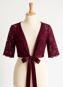 🍇 Burgundy - Lace Cropped Wrap Around Top with Satin Ribbon – Size 12AU / 14UK - Picture 1 of 17
