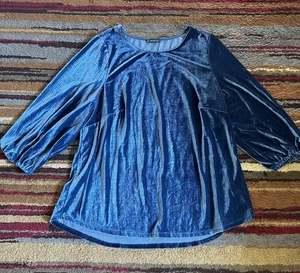 Camicetta Adrianna Papell donna 2X blu velluto schiacciato manica a palloncino top plus - Foto 1 di 12