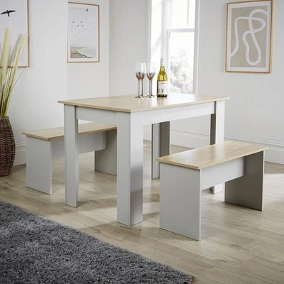 Grey Dining Table & 2 Benches Set – Oak Effect Top, Space Saving, Modern - Image 1 of 4