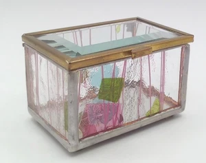 Trinket Box Small Brass & Stained, Textured, Beveled, Mirror Glass & Hinged Lid - Picture 1 of 9