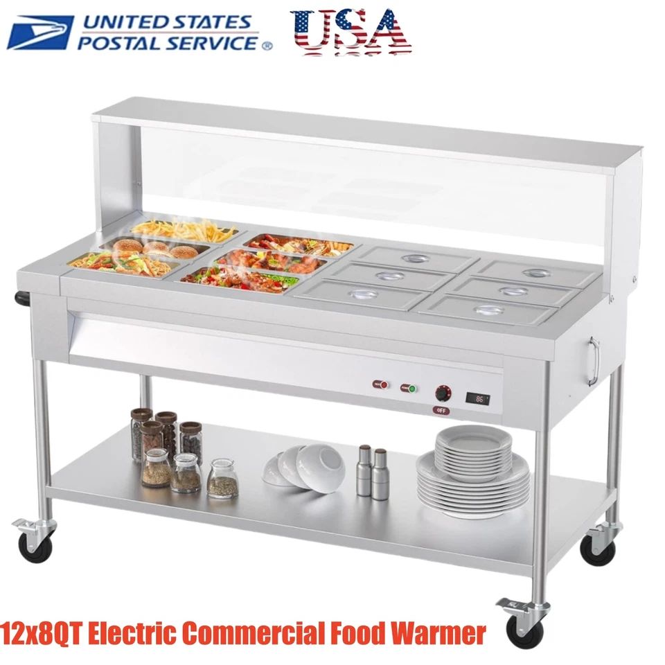 96QT Steam Table 12x8QT Electric Commercial Food Warm 12-Pan w/ Wheel 1500W 110V - Image 1 of 4