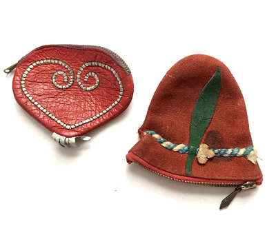 2 chapéu e coração vintage 20s 30s Deco couro vermelho com zíper troca de moedas  - Imagem 1 de 4