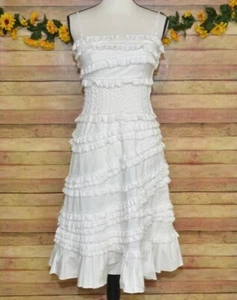 Boho Cream Tiered Lace Ruffle Midi Dress Size 10 Lined Cottage Core Beach - Picture 1 of 12