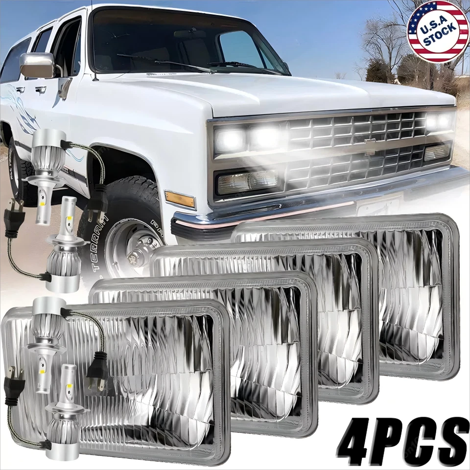 4pcs 4x6''GLASS LED Headlights Hi/Lo Beam For Chevrolet R2500 Suburban 1989-1991 - Image 1 of 4
