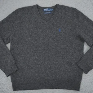 Vintage Polo Ralph Lauren Sweater Mens Large Gray 100% Lambs Wool V Neck - Picture 1 of 24