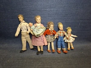 Vintage Erna Meyer Stockinette bewegliche Puppenhaus Familie von 6 mit Baby wie besehen - Bild 1 von 17