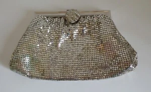 VINTAGE WHITING & DAVIS MESH BAG WITH RHINESTONE CLASP STAINED LINING - Picture 1 of 8