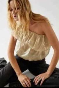 Free People One Shoulder Metallic Sheer Party Gold Crop Top S - Picture 1 of 6