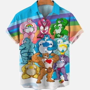Colorful Rainbow Cute Bear Art Digital Print Men's Hawaiian Button Up Shirt Tops - Picture 1 of 2