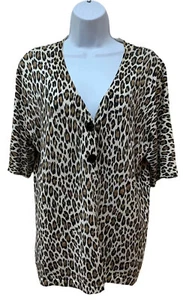 Chicos 2 Cheetah Print Short Sleeve Sweater Cardigan Button Silk Blend Women L - Picture 1 of 7