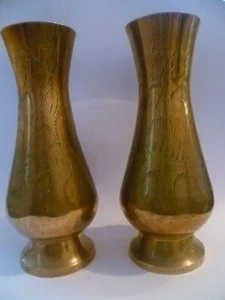 Two Small Vintage Hindu / Indian Brass Vases. Ornately Chased Indian Brass Vases - Picture 1 of 6