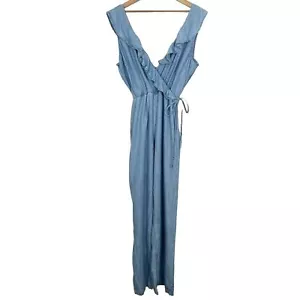 Guess Jumpsuit Womens Chambray Wide Leg Ruffled Tie Surplice Blue Size XL - Picture 1 of 8