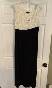 Connected Apparel Black Cream Long Formal Faux Wrap Stretch Dress Size 14 NWT - Picture 1 of 5
