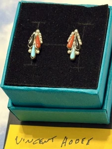 ZUNI Vincent Hooee Sterling Silver Turquoise Coral Onyx Squash Blossom Earrings - Picture 1 of 3