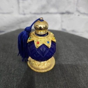Vintage Blue Glass Perfume Bottle With Gold Embellishments & Tassel Dropper - Picture 1 of 3