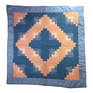 Vintage Handmade Quilt Throw Wall Hanging Log Cabin Blue Peach 36x36 Decor Crib - Picture 1 of 6