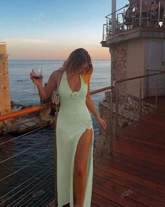 SHEIN VACATION HALTER DRESS SEXY V-NECK KNITTED SWEATER DRESS OPEN LEG - SIZE S - Picture 1 of 13