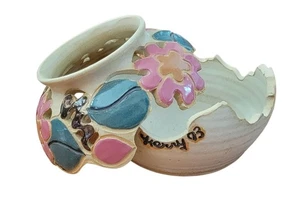Handmade Pottery Vase Bowl Floral Cutout Signed Kerry ’93 Vintage Ceramic - Picture 1 of 8