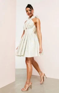 Mini vestido swing jacquard cuello halter azul floral de ASOS LUXE - Imagen 1 de 10
