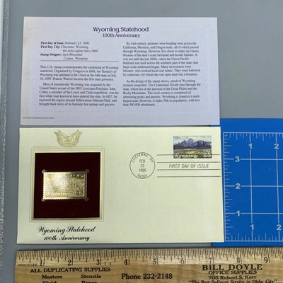 WYOMING STATEHOOD 22kt Gold Stamps 1st Day Issue 25 Cent  100th Anniversary - Image 1 of 4