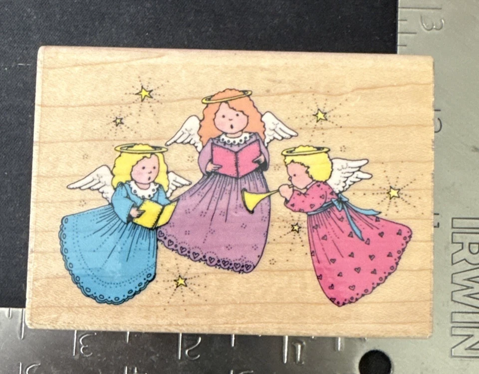 Sello de goma Hero Arts montado en madera 1990 G171 trío de ángeles ángeles cantores estrellas Foto 1 de 3