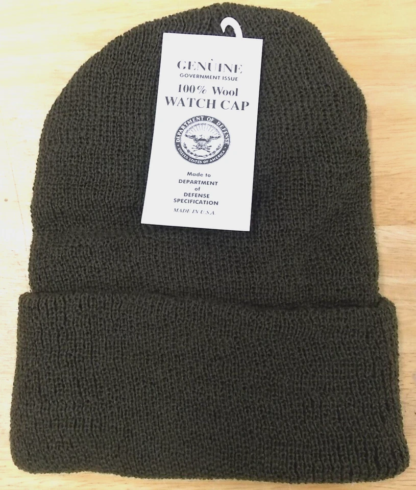 100% Wool Beanie Hat, Watch Hat, Toboggan Hat, Cuff Cap, Olive USA Made - Image 1 of 1