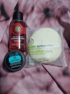 The Body Shop Facial Buffer~Exfoliate & Cleanse,Strawberry Shower Gel,glow Mask - Picture 1 of 4