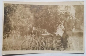 Man & Baby On Vintage Indian Motorcycle Postcard - Fay And The Baby - Picture 1 of 8