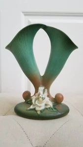 Vintage 1930er Jahre Roseville Green Gardenia Doppelvase 622-8. Doppeles Füllhorn - Bild 1 von 23