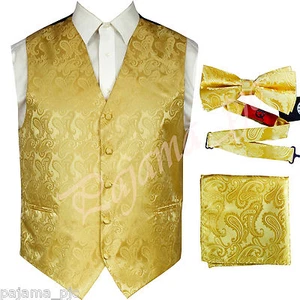 GOLD XS to 6XL Paisley Tuxedo Suit Dress Vest Waistcoat & Bow tie & And Hankie - Picture 1 of 6