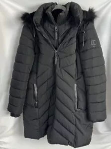 DKNY Long Puffer Coat With Detachable Faux Fur Trim Hood In Black Size XL - Picture 1 of 5