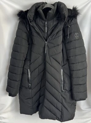 DKNY Long Puffer Coat With Detachable Faux Fur Trim Hood In Black Size XL - Image 1 of 4