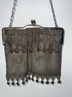 Antique Art Deco Mesh Chainmail Flapper Alpaca Silver Blue Stone Bag Purse