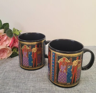 Juego De Colección De 2 Tazas De Café Laurel Burch 'Tribal Spirit' 1988, Hechas En Japón Foto 1 de 4