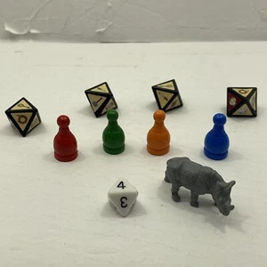 Jumanji Brettspiel Nashorn & 4 Holzbauern, 5 Würfel Ersatzteile Movers 1995 - Bild 1 von 7