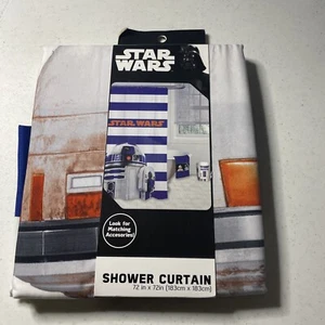 Star Wars Robot Shower Curtain: Blue and White Stripe, 72'' x 72''. - Picture 1 of 5