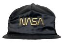 Vintage NASA Satin Fabric Snap Back Hat Cap Black w/Gold Letters Made In USA