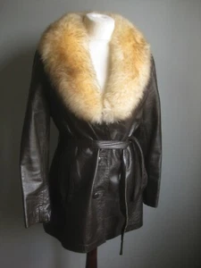 VINTAGE NAPPA LEATHER JACKET sheepskin collar 8 10 aviator flying belt pennylane - Picture 1 of 20