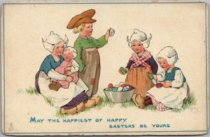 Vintage 1910s TUCK'S HAPPY EASTER Postcard Dutch Boy & Girls with Colored Eggs - Picture 1 of 2