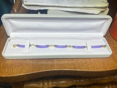 "Pulsera de jadeíta lavanda cilíndrica de oro amarillo macizo de 14K cierre de filigrana 7,1/16""" Foto 1 de 4