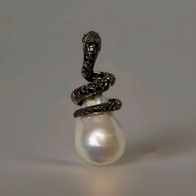 Natural Ruby & Pearl Cobra 925 Sterling Silver Black Pendant 1777 - Image 1 of 4