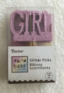 DARICE Baby Shower  "GIRL" Cake Topper Picks~Glitter PINK~Gender Reveal~x12~NEW