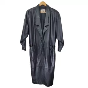 Vintage Black Leather Trench Coat Women's XL Unbelted Puffy Shoulder Pads 1980s - Picture 1 of 16