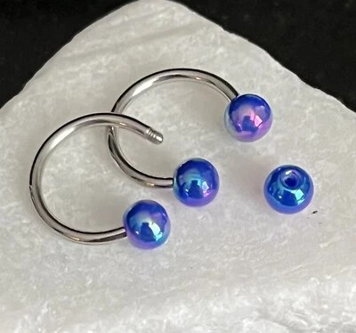 PAIR Aurora Borealis Coated Circular Barbell Horseshoes Lip Nipple Septum Rings - Image 1 of 2