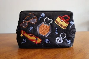 Brighton Embroidered Black Canvas & Leather Cosmetic Pouch Bag w/ Heart Mirror - Picture 1 of 14