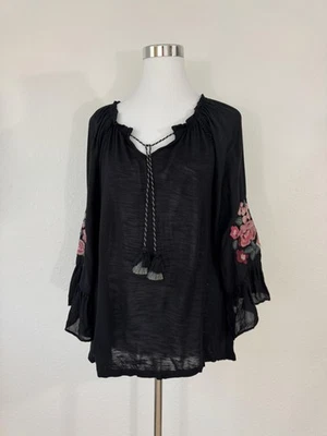 Camisa Vintage America Blues Mujer Mediana Negra Valerie Bordada Floral Boho Foto 1 de 4