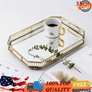 Vintage Octagon Mirror Glass Tray Bedroom Vanity Dresser Cosmetic Perfume Holder - Picture 1 of 11